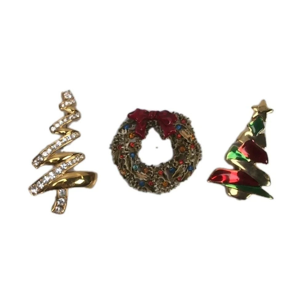 Vintage Lot Of 3 Christmas Enamel & Rhinestone Brooches, Monet/Art/DaneCraft
